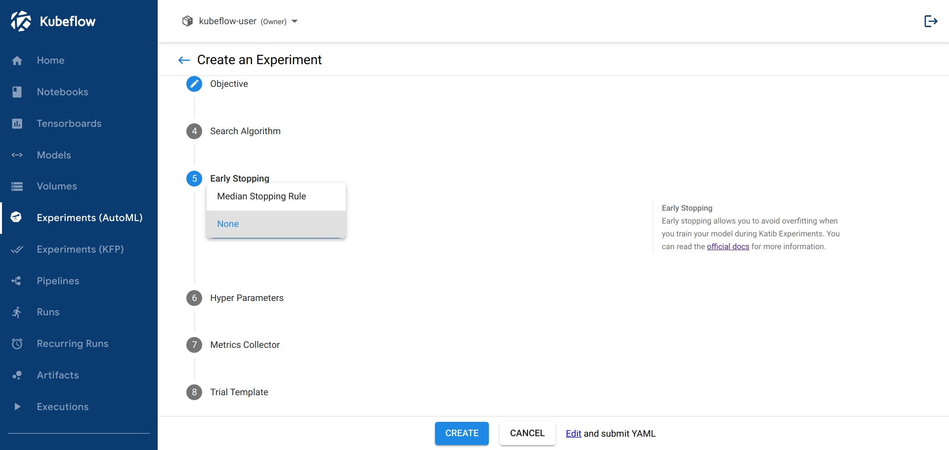 UI form to deploy an early stopping Katib experiment