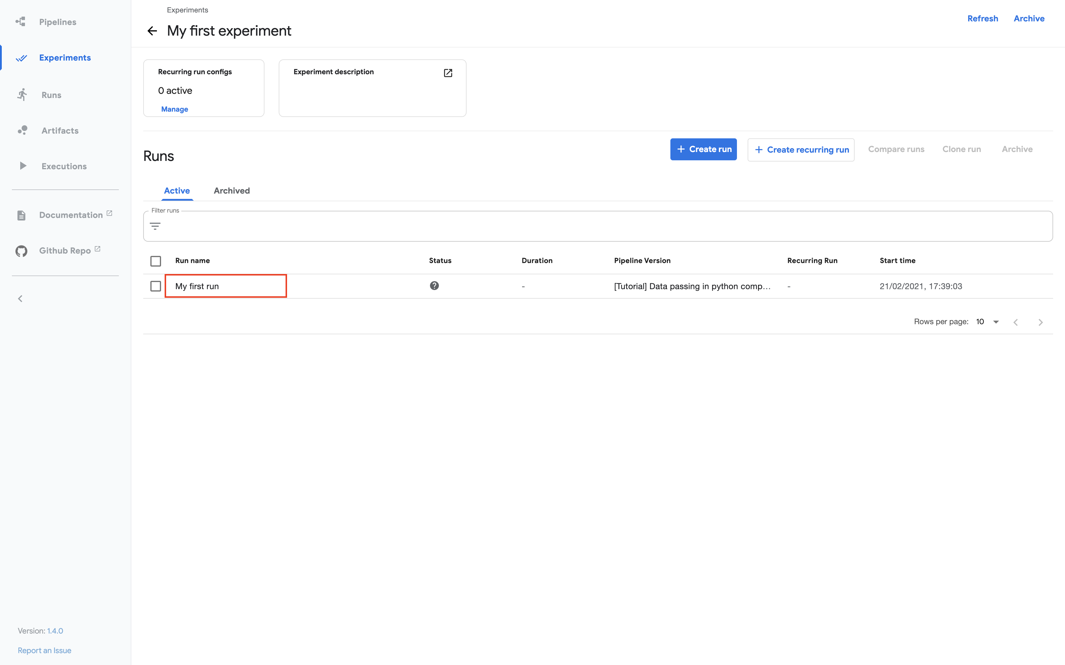 Experiments dashboard on the pipelines UI