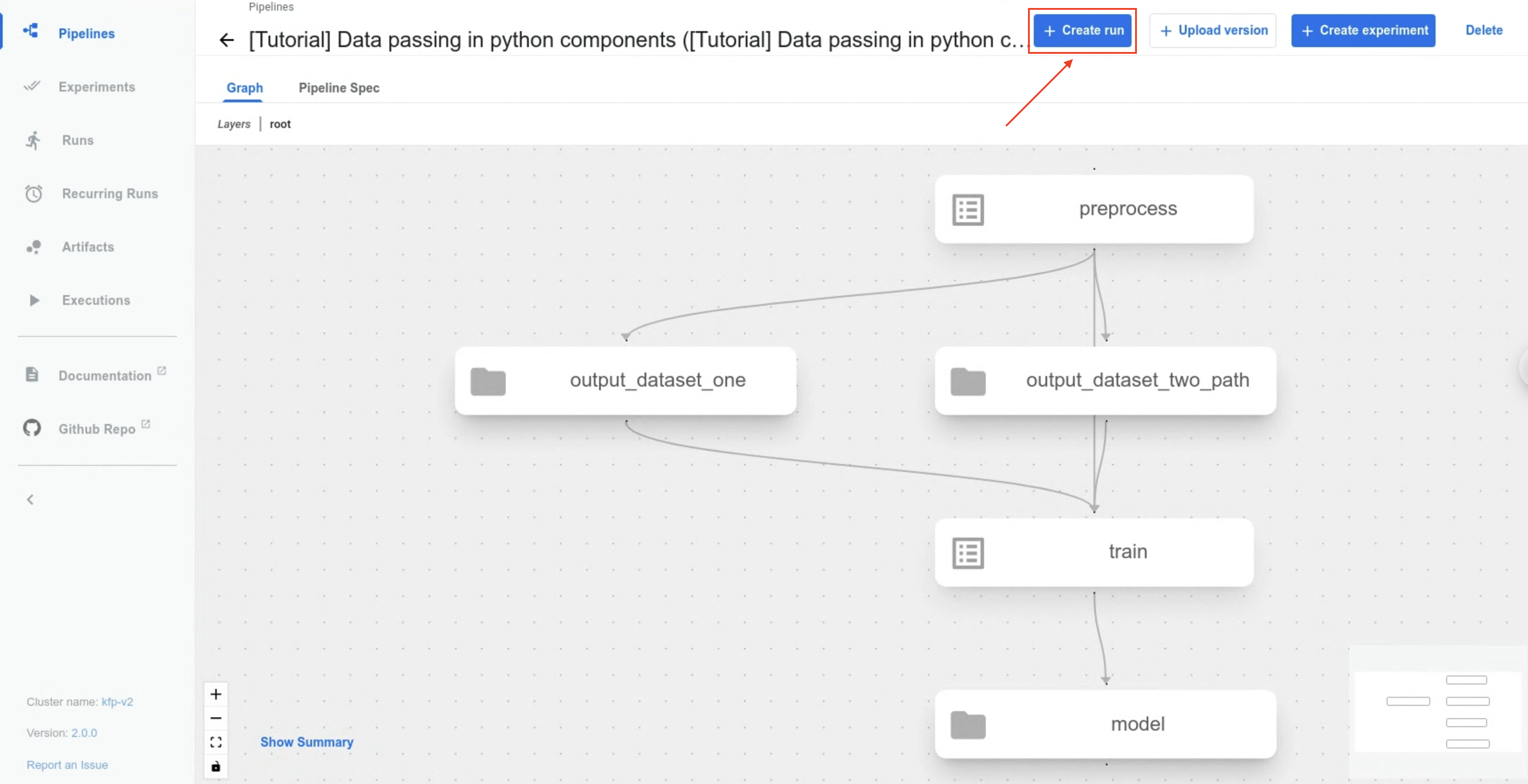 Creating a run on the pipelines UI